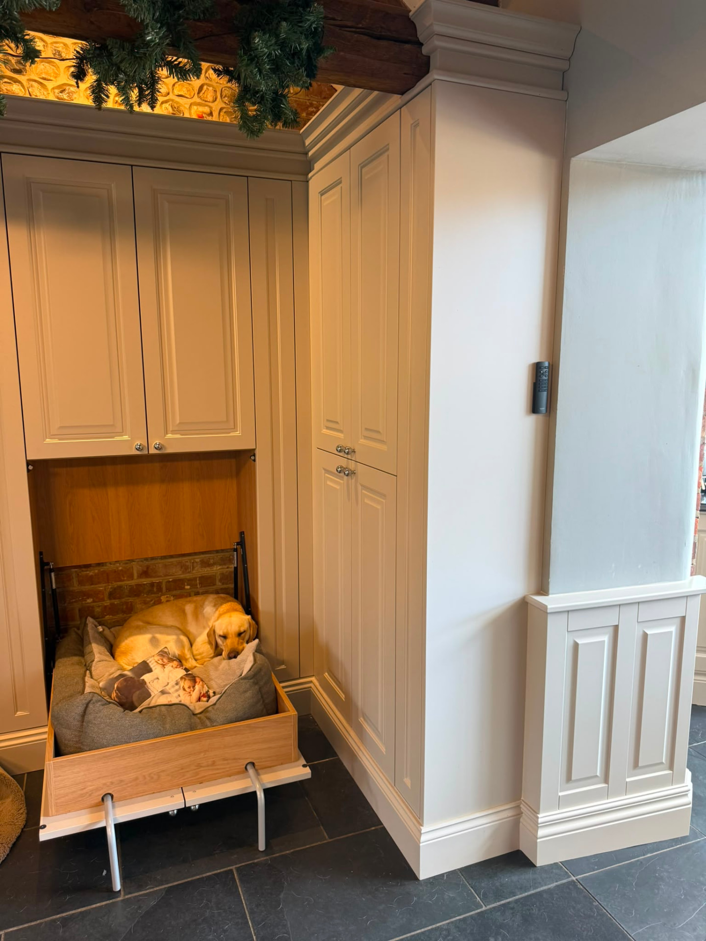 Cream fitted cabinetry with a concealed pull-out dog bed drawer